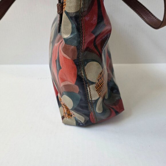Fossil Tote Red Mod Floral Coated Canvas Keyper Bag Retro Boho Brown Leather - Picture 6 of 16